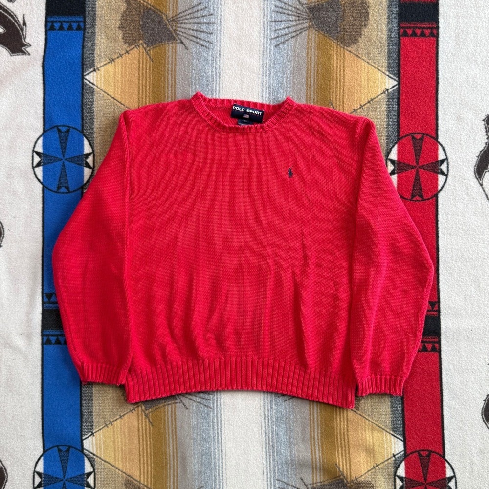 Polo Sport Ralph Lauren Red Cotton Knit Crewneck Sweater Navy Pony Logo Large